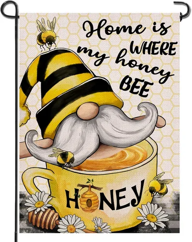 Artofy Home is Where My Honey Bumble Bee Gnomo - Bandera decorativa para jardín, decoración exterior de primavera y verano, decoración exterior de
