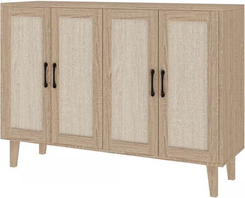 Miniatura 10 de Panana Armario de almacenamiento de buffet con decoración de ratán 4 puertas, aparador de cocina para sala de estar, 48.43 x 34.65 x 15 pulgadas
