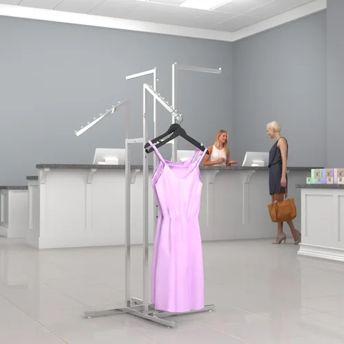 Miniatura 3 de Soporte para ropa– Apto para tareas pesadas, cromado, cuatro lados, brazos ajustables, tubos cuadrados, perfecto para visualización en tiendas