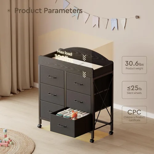Miniatura 4 de Yetom Cómoda Cambiador de Bebé con Ruedas, Cómoda para Bebé con 6 Cajones de Tela con Superficie de Cambio, Estación de Cambio de Pañales Negro