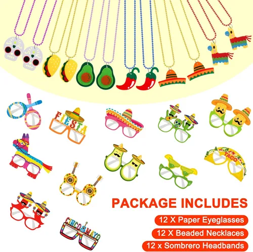 Miniatura 5 de Yunsailing 36 piezas de suministros de fiesta de tela con sombrero de paja, diademas y collares para fiestas mexicanas (estilo moderno)