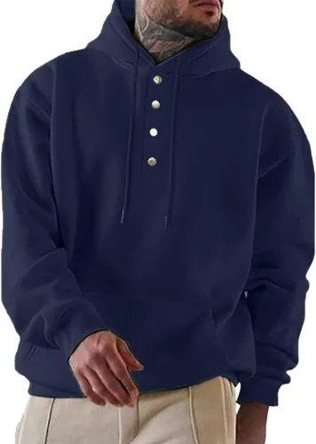 Miniatura 4 de Alalaso Mens Hoodies Pullover Snap Button Up Trendy Sweatshirt Fall Winter V Neck Tops Front Pocket Drawstring Warm Hoodie