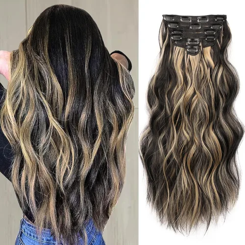 Miniatura 36 de NAYOO Extensiones de cabello con clip, de 20 pulgadas, largo, ondulado, rizado, rubio ceniza, extensiones de cabello sintético de cabeza completa