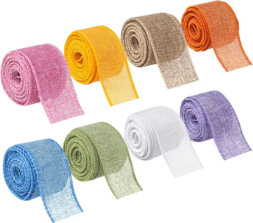 Cinta de arpillera con alambre, 8 rollos, color natural, 1-1/2 pulgadas, 40 yardas, borde de tela sólida para Navidad, manualidades, envoltura,
