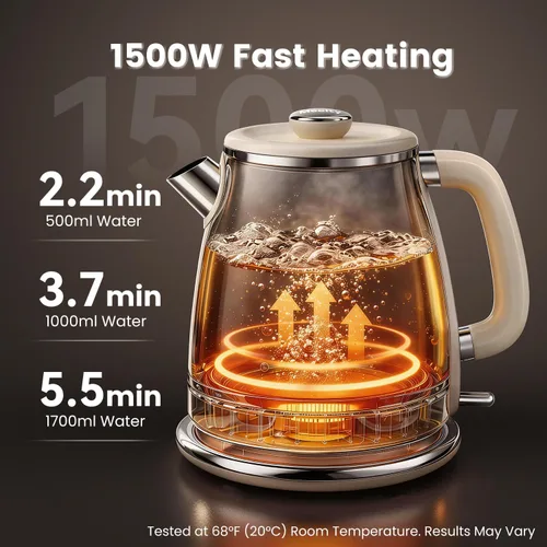 Miniatura 2 de Mecity Hervidor eléctrico retro 1.7L, interior de acero inoxidable, contacto de agua de silicona de grado alimenticio, doble pared fría al tacto