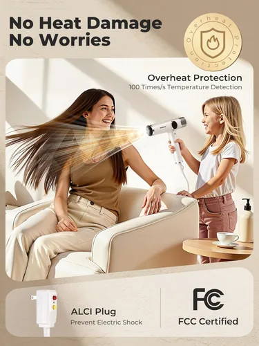 Miniatura 5 de Secador de pelo blanco con difusor, secador de pelo iónico profesional de alta velocidad con pantalla digital de temperatura, difusor magnético