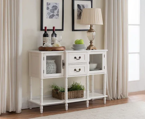 Kings Brand Furniture Aparador moderno con puertas de cristal, cajones de almacenamiento y estantes para cocina, comedor y sala de estar (blanco