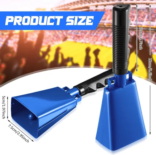 Miniatura 2 de Paquete de 3 campanas de vaca azules con asas, campana de animación para eventos deportivos, juegos de fútbol, escuela sólida grande, instrumentos