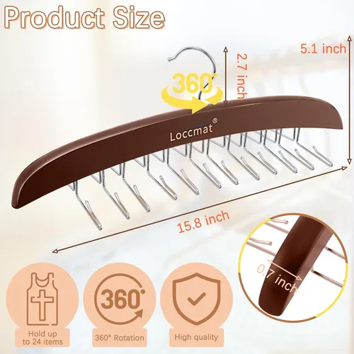 Miniatura 2 de 2 ganchos de madera para sujetadores con 24 ganchos de metal plegables, gancho giratorio de 360°, estantes de corbata para armario de hombres, Café
