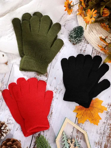 Miniatura 7 de 3 pares de guantes para niños pequeños, manoplas para niños, guantes de punto cálidos de invierno, manoplas de dedos completos para niños y niñas