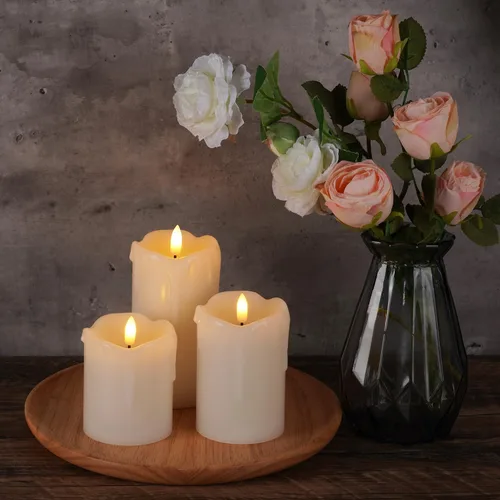 Miniatura 2 de Homemory juego de 3 velas LED de cera que gotean sin llama, con control remoto y temporizador, funcionan con pilas, de 5 pulgadas de alto x 4 Cera