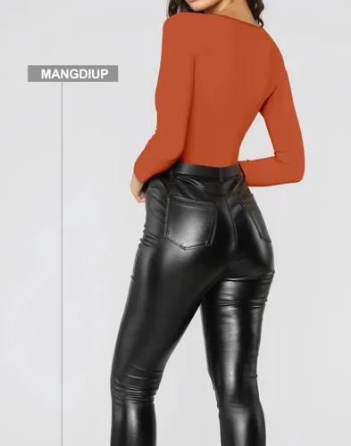 Miniatura 155 de MANGDIUP Body esencial para mujer, cuello redondo, manga larga, ajustado, elástico, de algodón y elastano