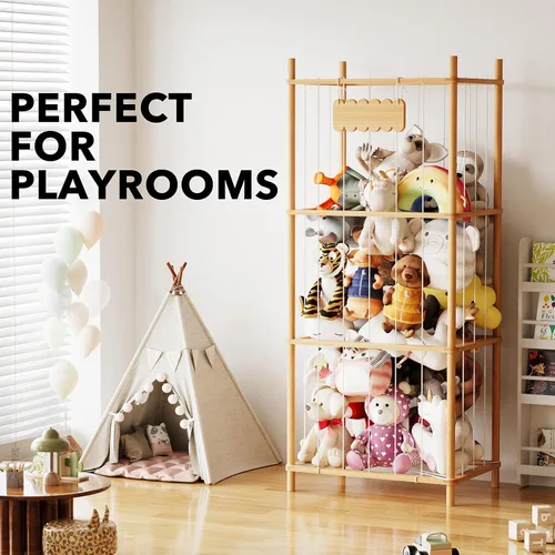 Miniatura 5 de SpaceAid Organizador de almacenamiento de animales de peluche, soporte de almacenamiento de juguetes de zoológico de animales de madera, jaula
