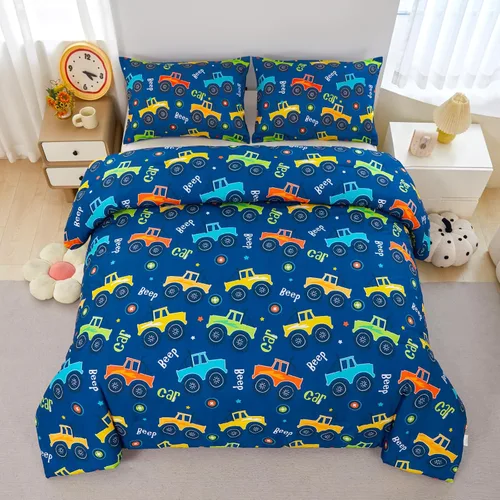 Miniatura 8 de ZRNBAST Juego de ropa de cama individual para niños y niños, beige, con diseño de coches de dibujos animados, excavadora, tractor, juego de edredón