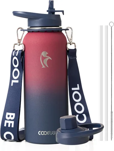 Miniatura 15 de Botella de agua Coolflask de 40 onzas con correa, botella de agua metálica aislada con popote y tapas con pico, acero inoxidable de doble pared al