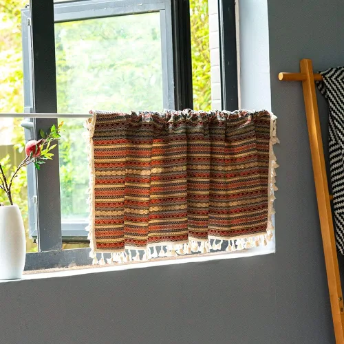 vctops Cortinas bohemias a rayas con borlas de algodón con bolsillo para barra, cortina corta con patrón colorido para cocina/cafetería, 1 pieza