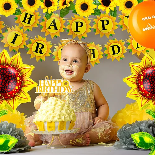 Miniatura 6 de Tenare La decoración de fiesta de cumpleaños de girasol incluye pancarta de girasol, 4 globos de aluminio amarillos, 18 globos de látex, 13 adornos