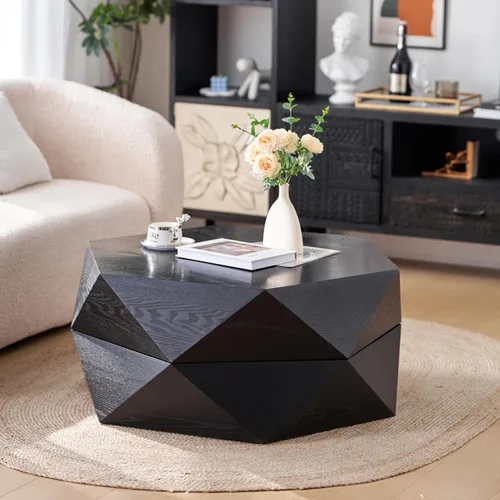 Miniatura 8 de Mesa de centro de almacenamiento de 36.61 pulgadas, moderna mesa de centro de madera rústica con chapa de madera maciza, mesa de té grande y única