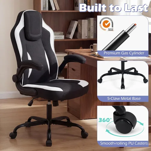 Miniatura 8 de Giantex Silla de oficina ergonómica, silla de escritorio de tela de lino con reposabrazos abatibles de 90°, altura ajustable, función mecedora
