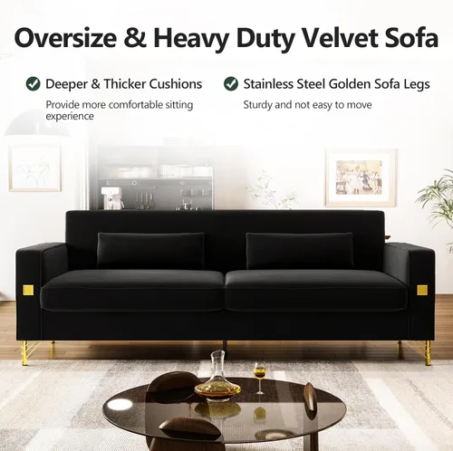Miniatura 4 de Sofá moderno de terciopelo negro de mediados de siglo de 85.63 pulgadas con patas doradas de metal, sofás de dos plazas copetudos de 3 plazas con 2