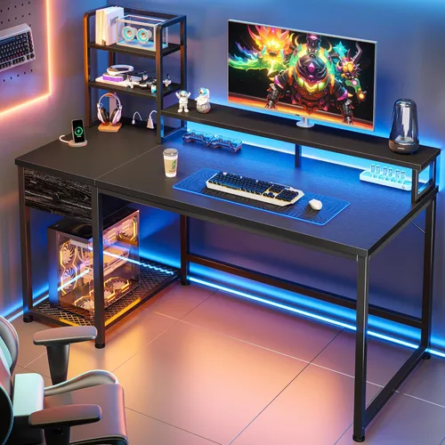 Miniatura 2 de Escritorio para juegos de 44 pulgadas con gabinete y cajones, escritorio reversible para computadora con estante para monitor, escritorios