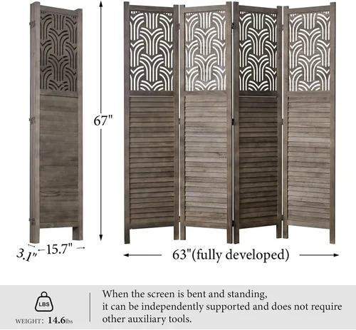 Miniatura 5 de Svimi Divisor de Habitación Plegable, 66.9 Pulgadas 4 Paneles Pantallas de Privacidad Talladas en Madera, Montaje Fácil Independiente Portátil Pared