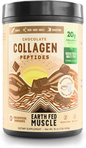 Earth Fed Muscle Péptidos de colágeno de chocolate, certificados por terceros. 0.71 oz de proteína, chocolate, alimentado con hierba, sin OMG, sin