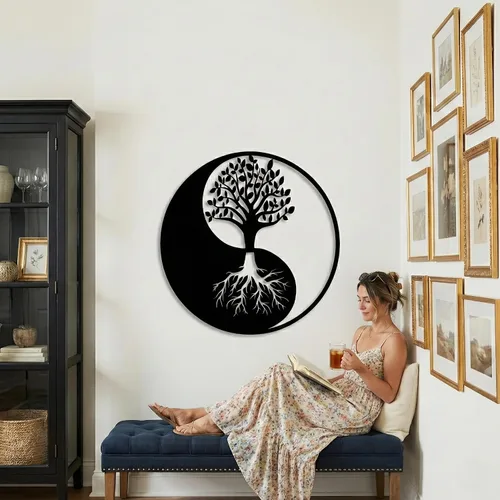Miniatura 6 de DEKADRON Arte de pared de metal, árbol de la vida, decoración de Yin Yang, decoración de pared, decoración de interiores, colgantes de pared