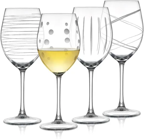 Joeyan Copas de vino tinto y blanco sopladas a mano, copas de tallo con patrón de rayas y puntos, juego de cristalería de tallo largo tallado Copas