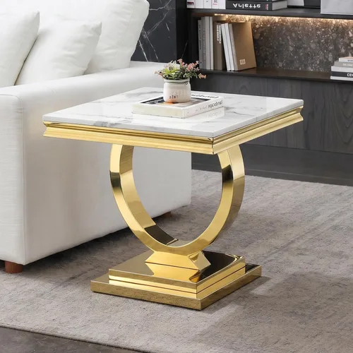 Miniatura 17 de Mesa de centro de mármol negro Henf de lujo, mesa auxiliar rectangular de mármol sintético de imitación con base de acero inoxidable dorado