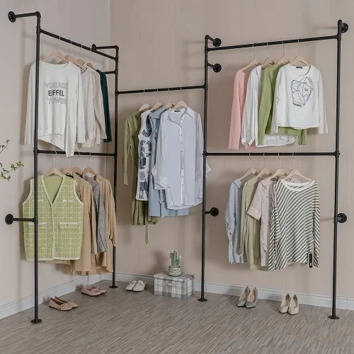 Miniatura 2 de Perchero Industrial de Tubería con 2 Estantes, Perchero de Ropa de Servicio Pesado Montado en Pared Soportes de Exhibición de Tienda de Ropa