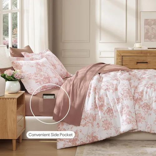Miniatura 3 de BLOOMHAVEN Juego de edredón tamaño individual XL, juego de ropa de cama de 5 piezas con rosas florales para todas las estaciones, cama en una bolsa