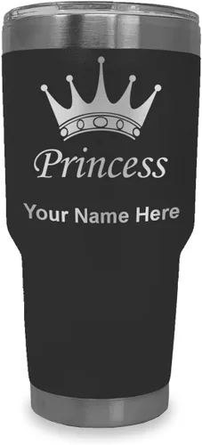 Miniatura 29 de LaserGram Vaso aislado al vacío de 20 onzas, corona de princesa, grabado personalizado incluido (negro)