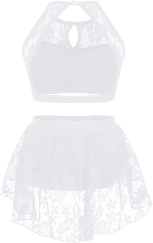 Miniatura 2 de JEATHA Kids Girls Ballet Dance Disfraces de encaje floral sin mangas Crop Top con falda Bottoms Leotardo Dancewear