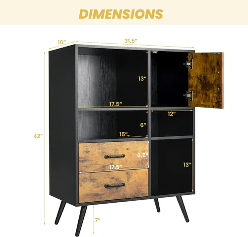 Miniatura 3 de Giantex Armario de buffet con almacenamiento, aparador de cocina industrial con 2 cajones grandes, armario de 4 cubos, armario de mediados de siglo