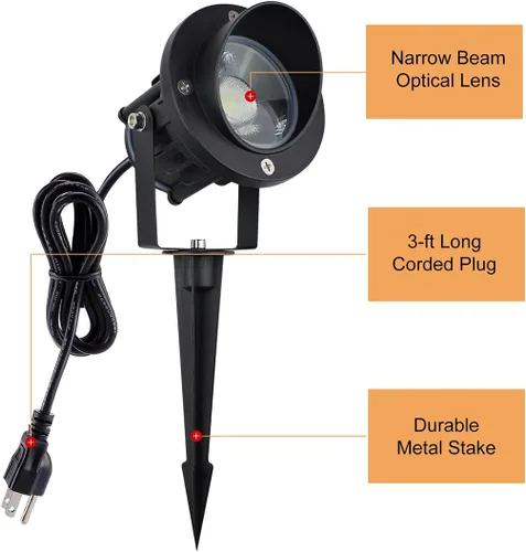 Miniatura 2 de GBS9809 Focos LED, voltaje de línea de 9 W 120 V, luz diurna de 5000 K, con estaca de tierra de metal, luz de bandera para exteriores, foco