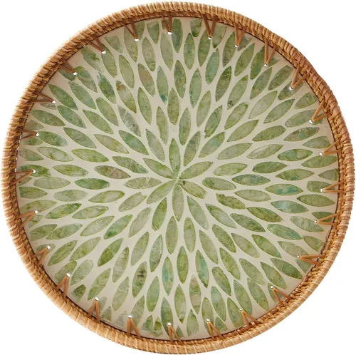 Miniatura 7 de Kmelep Bandeja redonda de ratán con incrustaciones de madreperla, bandeja de ratán con base de madera, cesta decorativa de mimbre para decoración