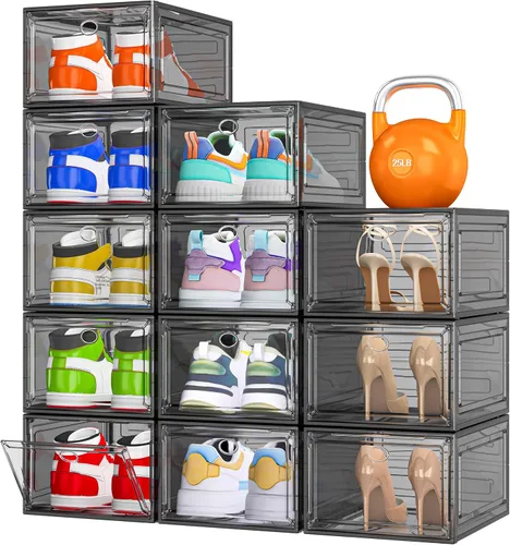 Miniatura 13 de Organizador de almacenamiento de zapatos de plástico transparente, grueso y resistente c/puerta magnética, cajas apilables, zapatero plegable