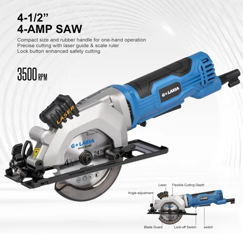 Miniatura 3 de Mini Sierra Circular, Sierra Circular con Cable de 4 Amperios 3500RPM con Guía Láser, Guía de Corte Longitudinal, Sierra Compacta con 2 Pzas Hojas