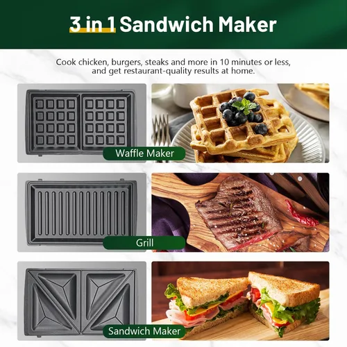 Miniatura 3 de KEENSTAR Sandwichera eléctrica 3 en 1, waflera con platos antiadherentes extraíbles, parrilla con calefacción de doble cara, fácil de limpiar