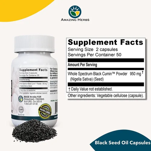 Miniatura 5 de Amazing Herbs Whole Spectrum Black Seed Original Plain, cápsulas vegetarianas, sin gluten, sin OMG, prensadas en frío, Nigella sativa ayuda