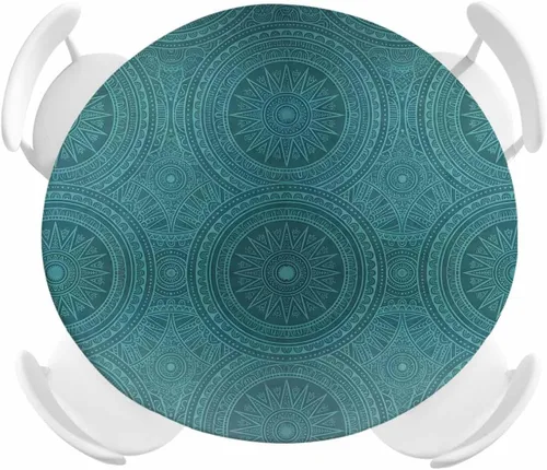 Mantel redondo ajustado con diseño floral de mandala aguamarina, estilo étnico bohemio con borde elástico, impermeable, mantel circular de flores