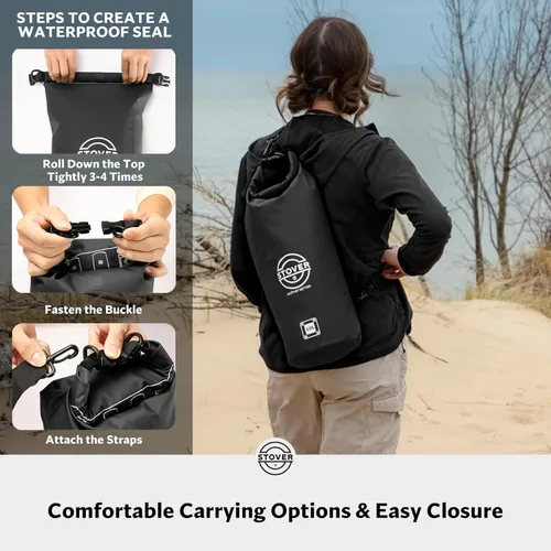 Miniatura 5 de STOVER 5/10/25/30/40/55L Waterproof Dry Bag- Roll-Top Backpack w/Phone Case- Kayaking, Hiking, Camping, Boating- Men/Women 10L negro