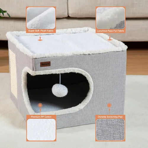 Miniatura 6 de Garnpet Cama para Gatos de Interior Casa Cubo, Camas de Cueva para Gatos Cubierta y Muebles con Almohadilla Rascadora y Tienda Refugio, Lindo Gris