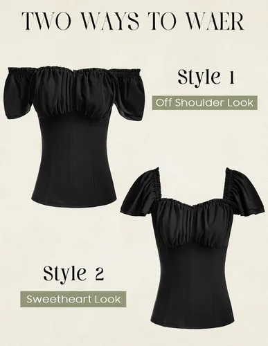 Miniatura 2 de Scarlet Darkness Camisa Renacentista para Mujer con Hombros Descubiertos y Mangas Cortas con Volantes, Blusa Campesina de Verano con Cuello Cuadrado