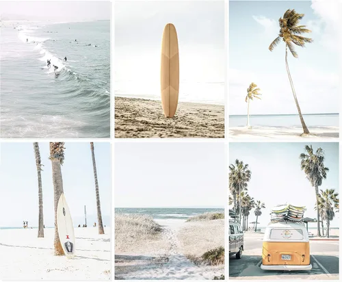 Juego de 6 impresiones de arte costero para pared, impresión de verano California, impresión del océano, impresión de playa, camioneta, arte pastel