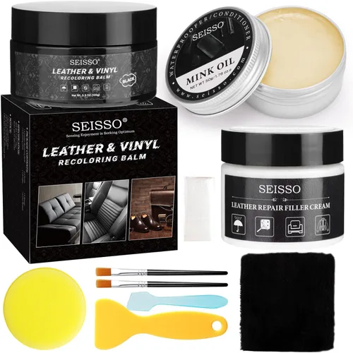 SEISSO Kit de reparación de cuero para muebles, kit de reparación de vinilo negro con aceite de visón, bálsamo de recoloración de cuero interior del
