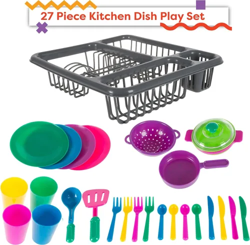 Miniatura 2 de Hey! Play! Juego de platos de juego para niños, juego de vajilla de 27 piezas con escurridor, para juegos de cocina y comida de simulación, juguetes
