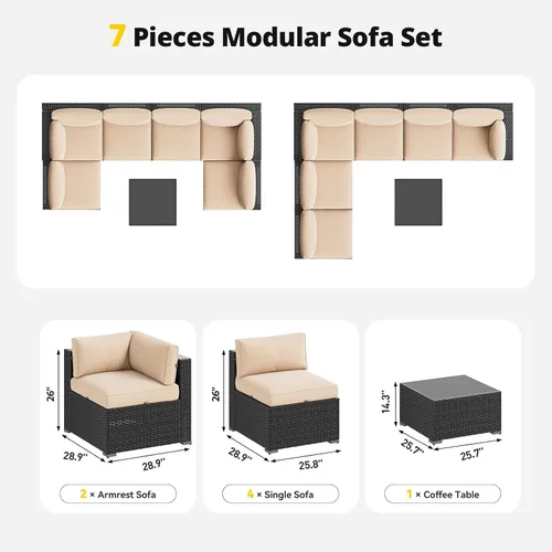 Miniatura 6 de Aoxun Juego de muebles de patio, 7 piezas de sofás seccionales para exteriores con funda impermeable, mimbre de ratán para exteriores, juego