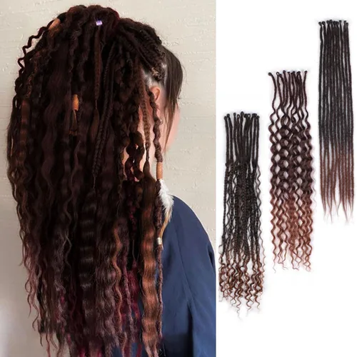 Miniatura 11 de Extensiones de rastas trenzadas bohemias de 24 pulgadas, 10 hebras de rastas sintéticas rizadas color marrón degradado con trenza de caja, rastas